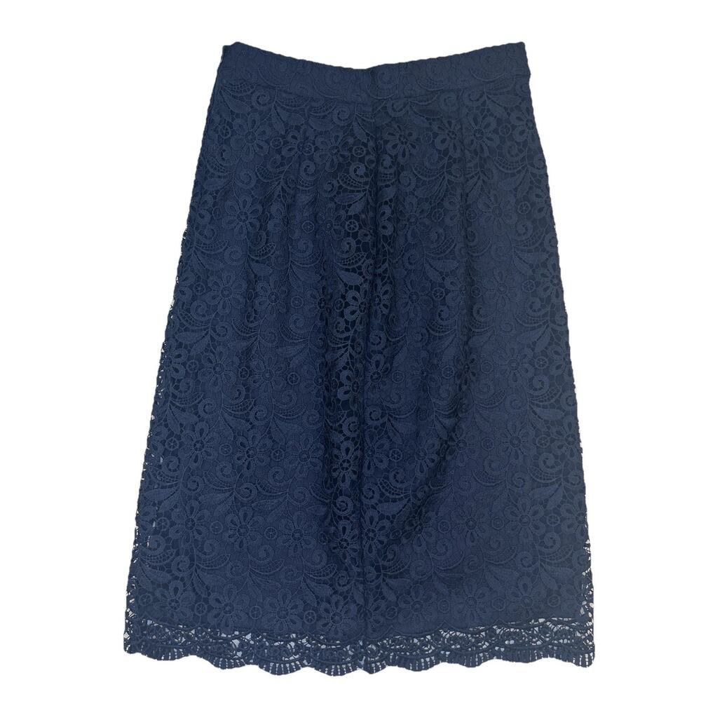 Uniqlo Women’s Navy Blue Lace Pencil Skirt Size XS Floral Pattern Scallop Hem